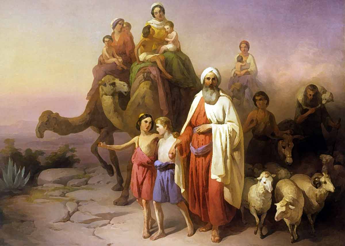 Monoteism - tre religioner men samma Gud. Målning föreställande Abraham och, bland annat, hans söner Isak och Ismael. Av József Molnár, 1850.