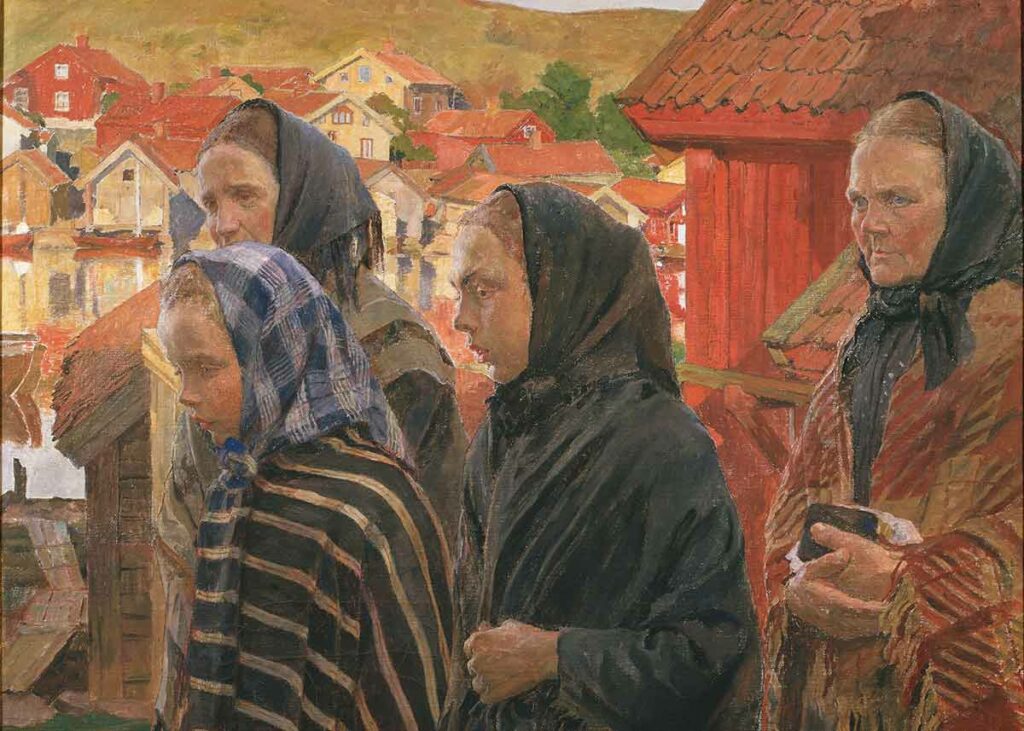 En målning av den svenske konstnären Carl Wilhelmson. Kvinnorna är porträtterade år 1899 när de är på hemväg från kyrkan. Sina hår döljer de med en sjal (hijab).