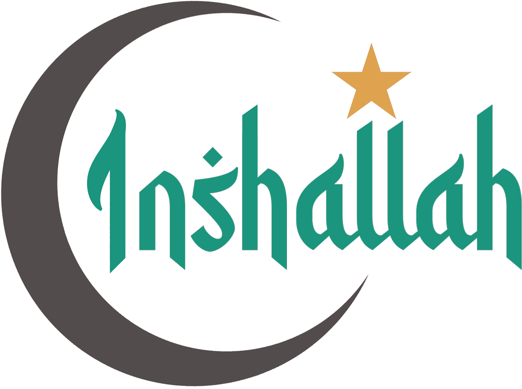 Logo med texten Inshallah och med design från mellanöstern. Förutom texten är det en halvmåne och en stjärna som är typiska symboler inom islam. Inshallah betyder: Om Gud vill.