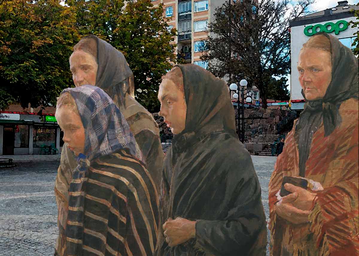 Fyra kvinnor på hemväg från COOP. Ett montage av målningen av Carl Wilhelmson. Kvinnorna är porträtterade nu i Sverige år 2022. Som huvudbonad bär de sjal, hijab.