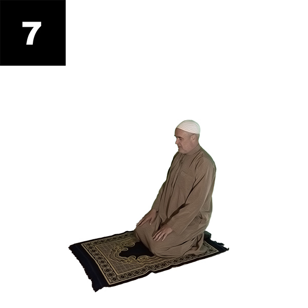 Lyft huvud och överkropp och gör samtidigt takbîr (du säger: Allahu Akbar). Sträck ut din vänstra fot och sitt på den. Den högra fotens häl hålles fortsatt upprätt med tårna pekande mot qiblah. Händerna ska vila utsträckta på låren nära knäna.

