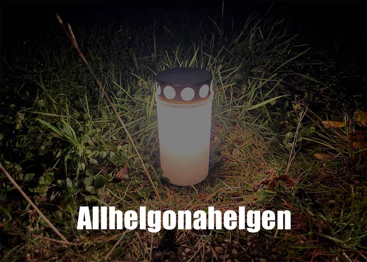 Bild på ett gravljus och texten: Allhelgonahelgen.