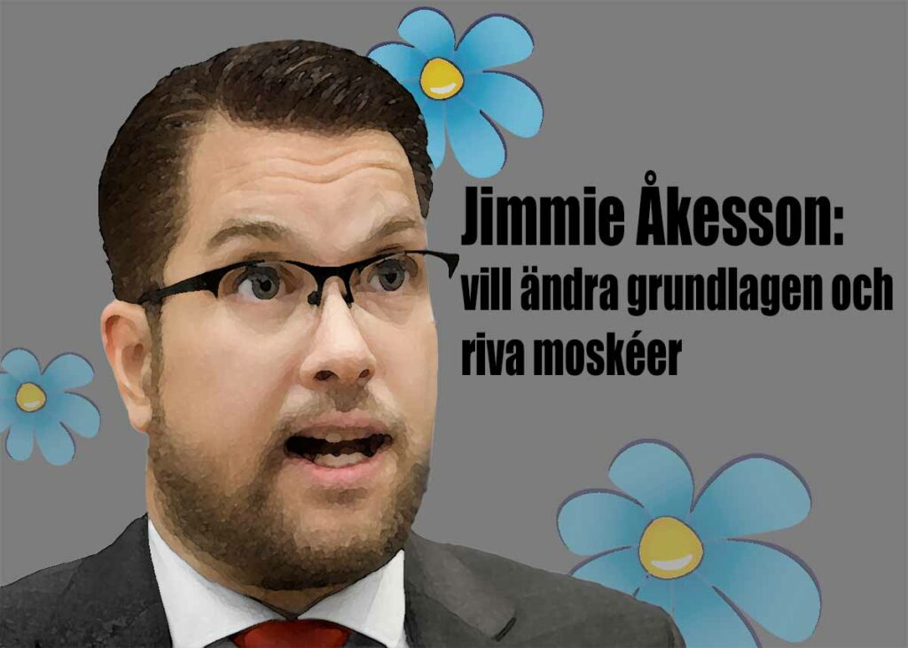 Karikatyr på Jimmie Åkesson och texten: "Jimmie Åkesson vill ändra grundlagen och riva moskéer".