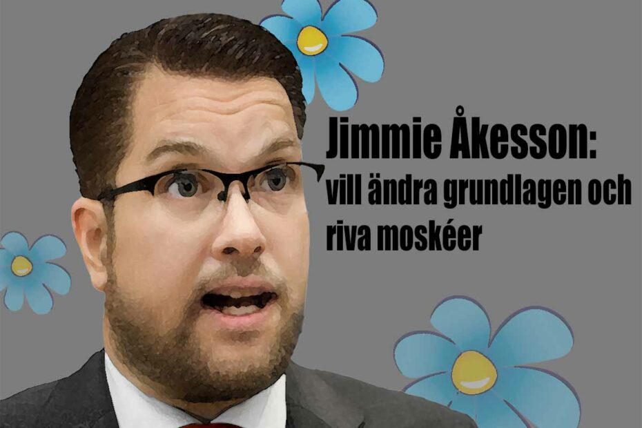 Karikatyr på Jimmie Åkesson och texten: "Jimmie Åkesson vill ändra grundlagen och riva moskéer".