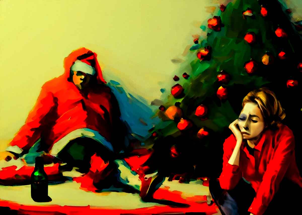 Julens baksida, bild på berusad man i tomtedräkt och ledsen kvinna