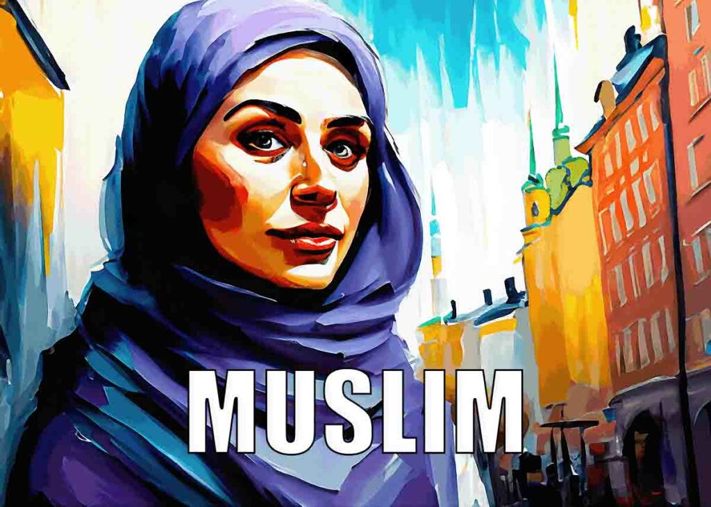 Texten Muslim och en kvinna med hijab i Stockholm.