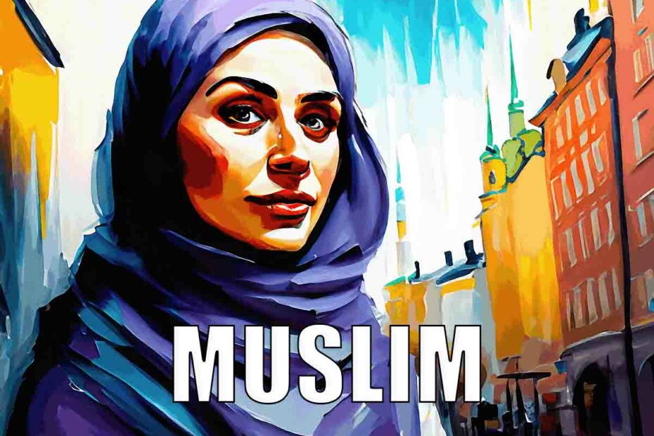 Texten Muslim och en kvinna med hijab i Stockholm.