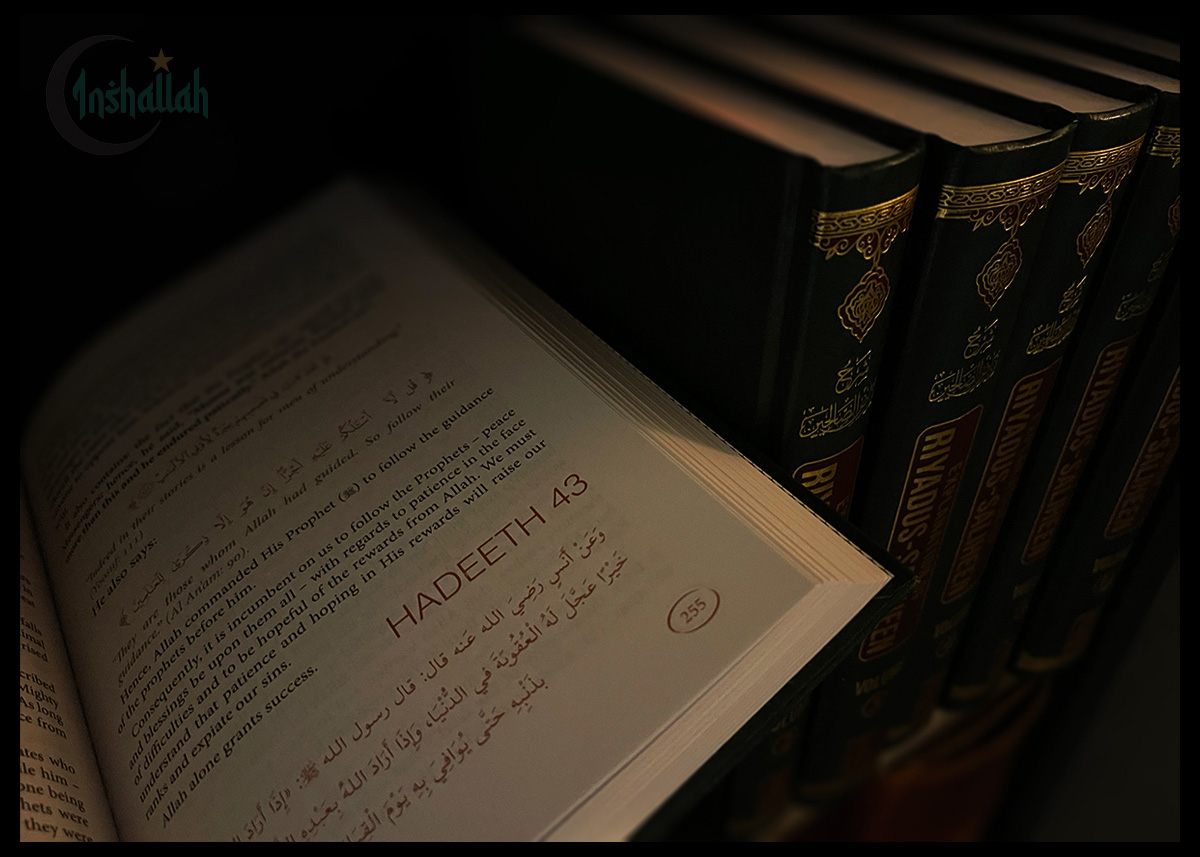 Bild på en bokhylla med böcker innehållande en hadith samling.