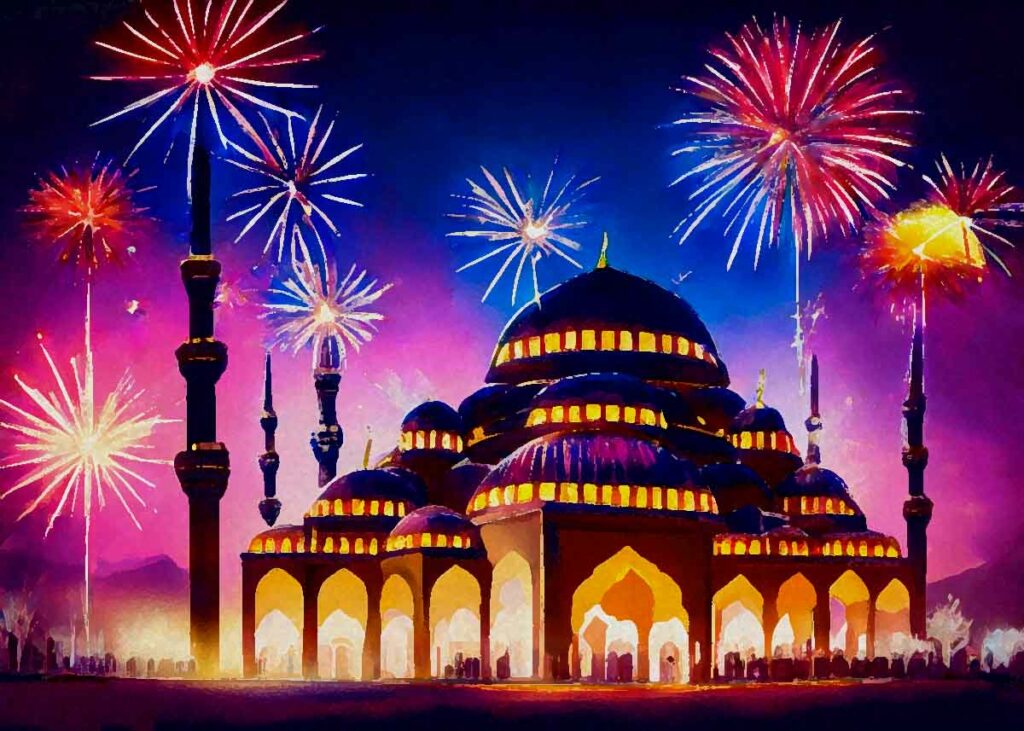 Muslimska helgdagar och högtider. Bild på fyrverkerier och en moské.