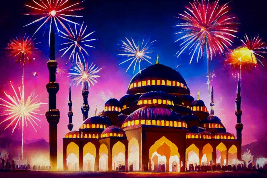 Muslimska helgdagar och högtider. Bild på fyrverkerier och en moské.