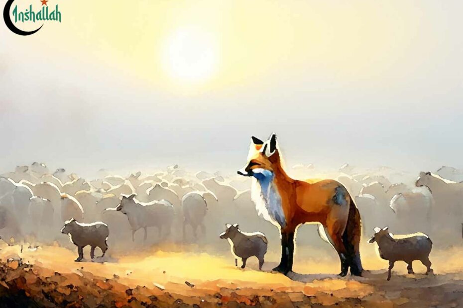 En räv och en massa får i en vacker soluppgång. Räven som talade genom Allahs vilja.
