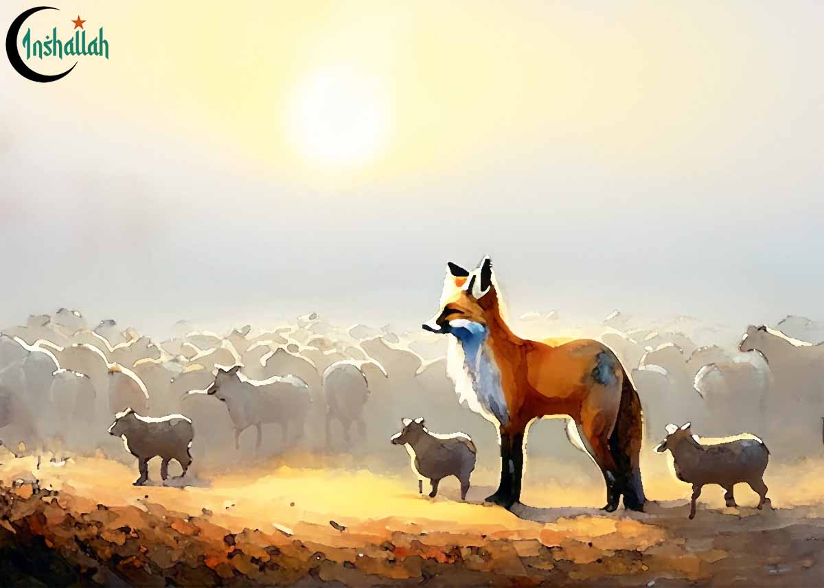 En räv och en massa får i en vacker soluppgång. Räven som talade genom Allahs vilja.